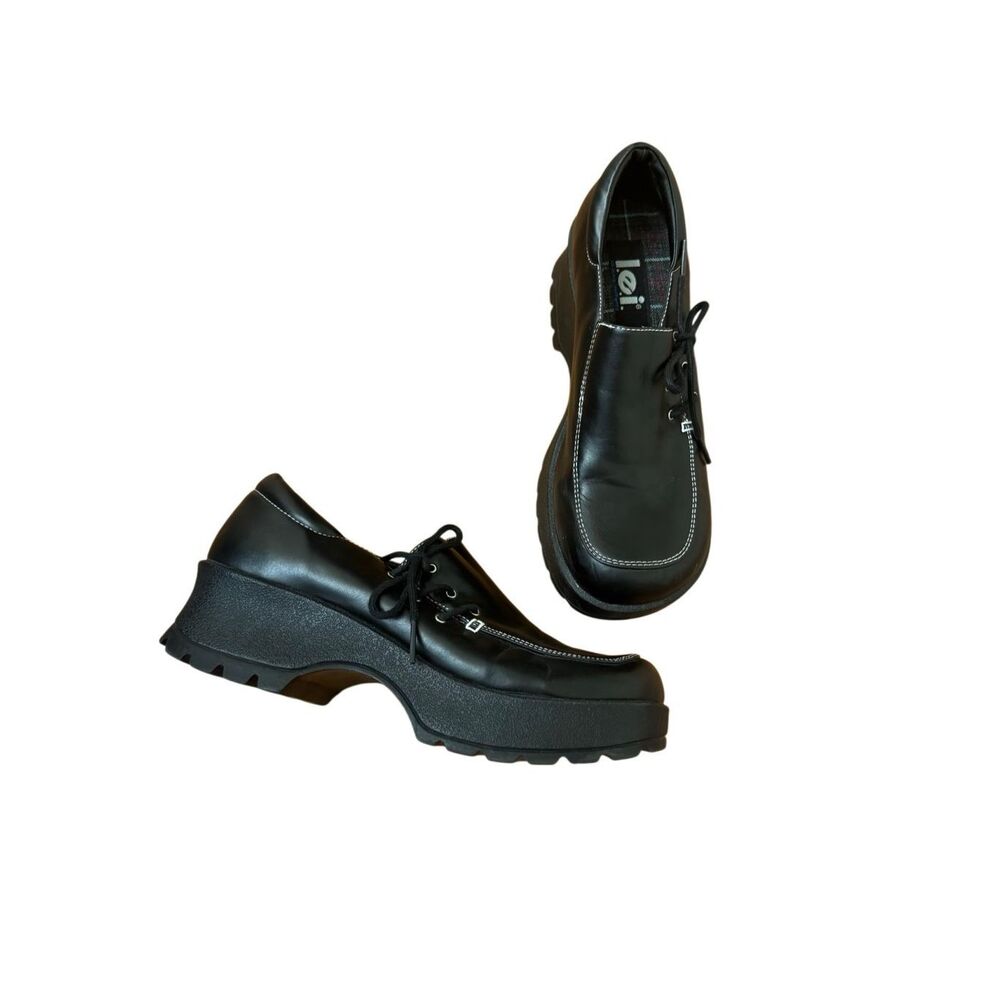 LEI Chunky Black Platform Side Lace Heeled Loafers Vintage 90s Y2K Size